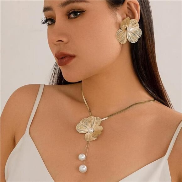 Gold Jewelry Sets for Women, Gold Floral Necklace and Earring Set - Picture 3 of 7